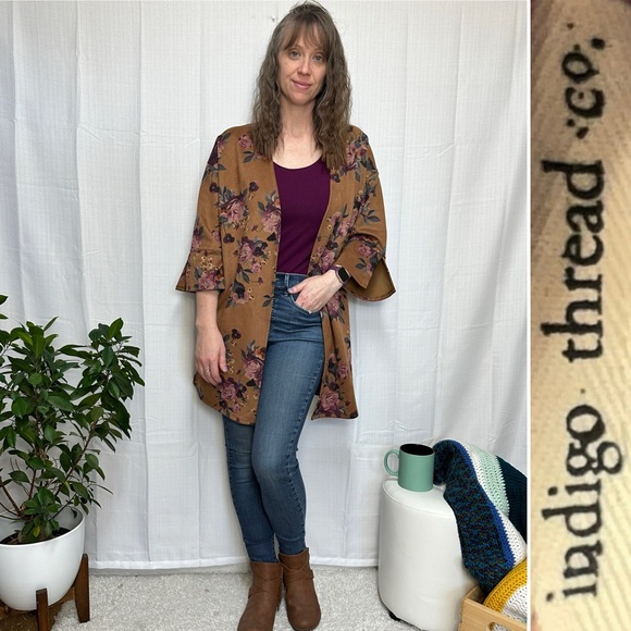 Indigo Thread Co Open Front Floral Cardigan Faux Suede Bell Sleeve Jacket Sz: L - Picture 1 of 9